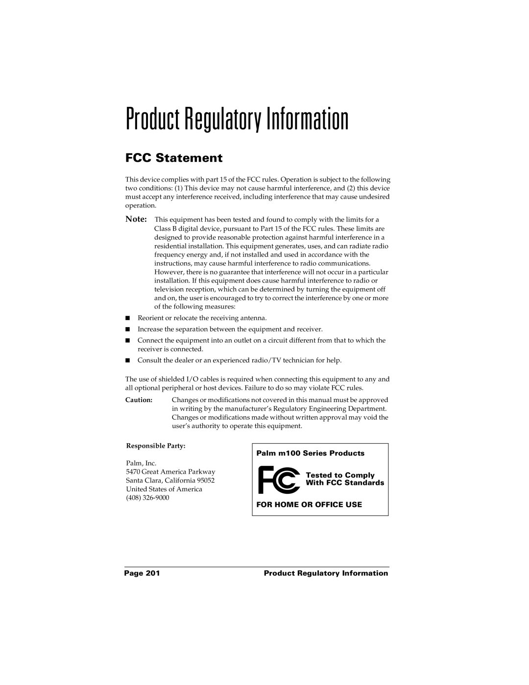 Palm m100 manual Product Regulatory Information, FCC Statement 