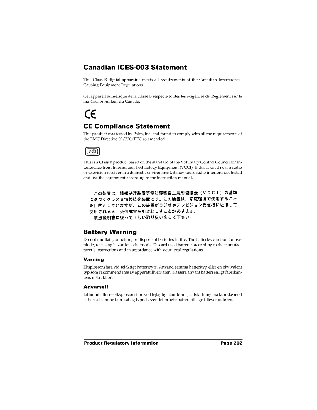 Palm m100 manual CE Compliance Statement, Battery Warning 