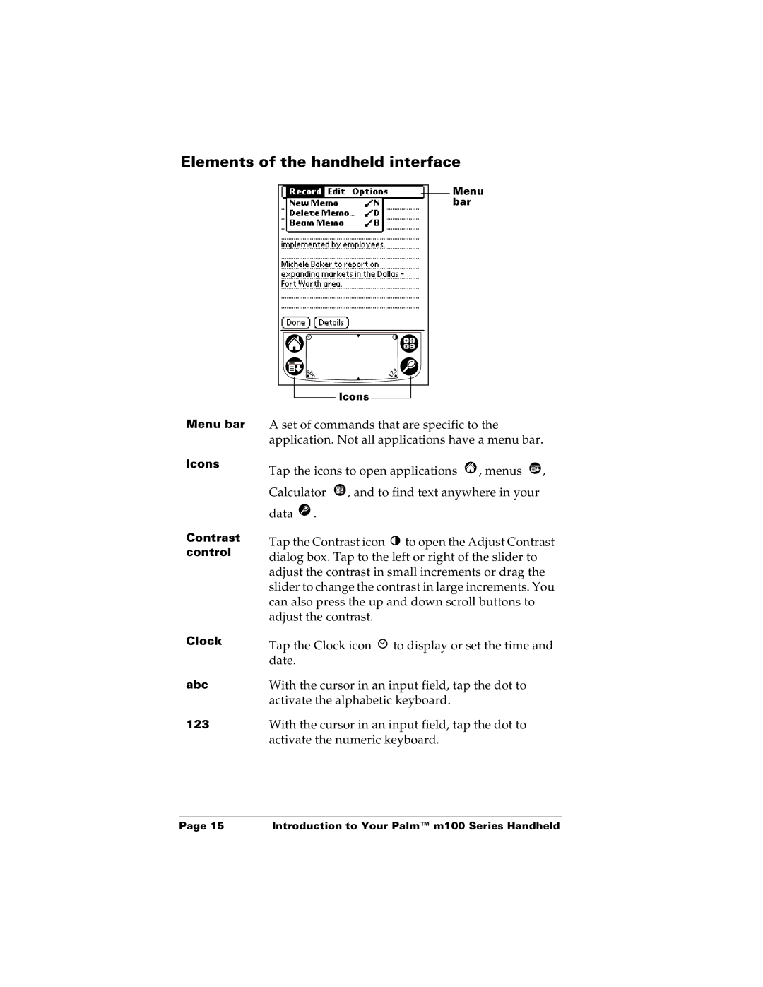 Palm m100 manual Elements of the handheld interface 