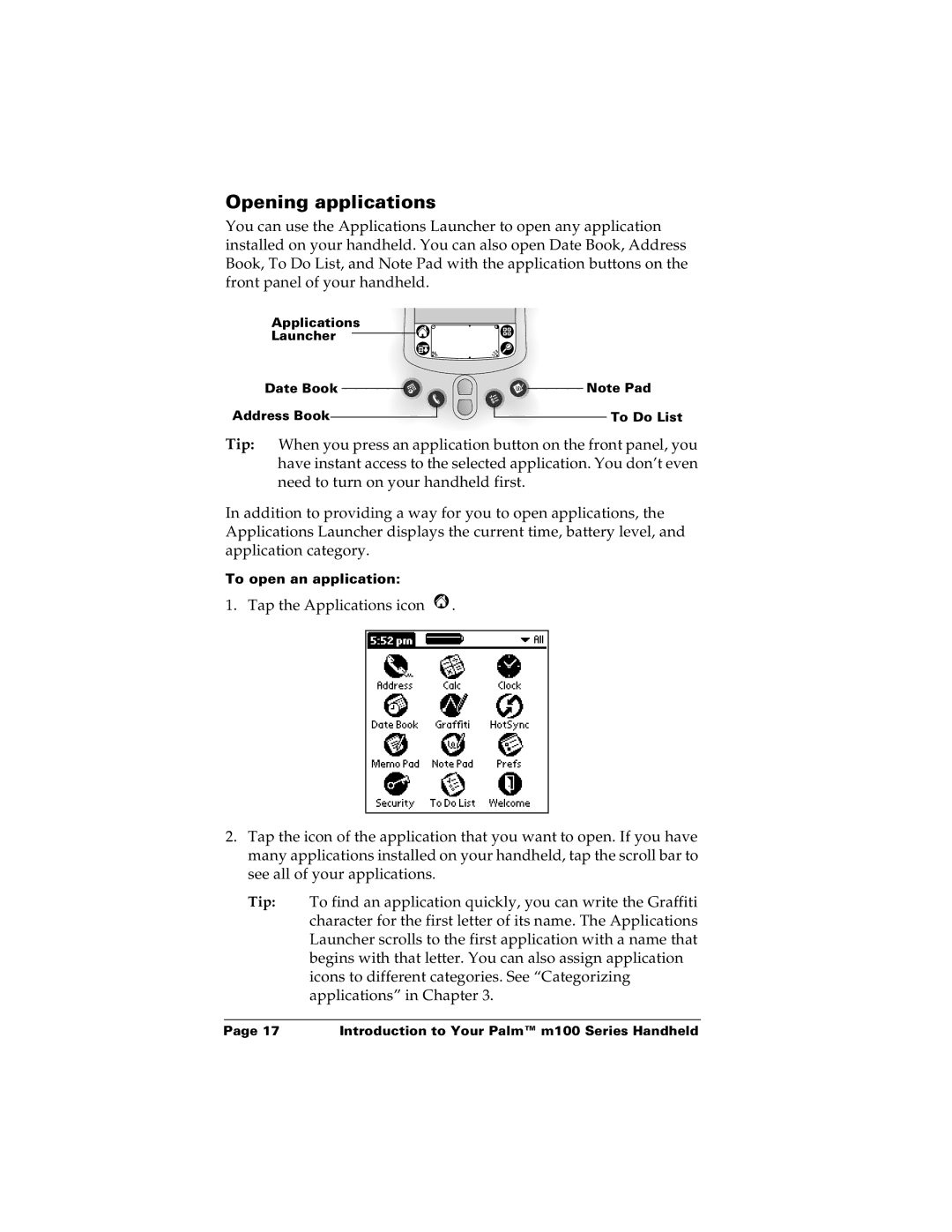 Palm m100 manual Opening applications 