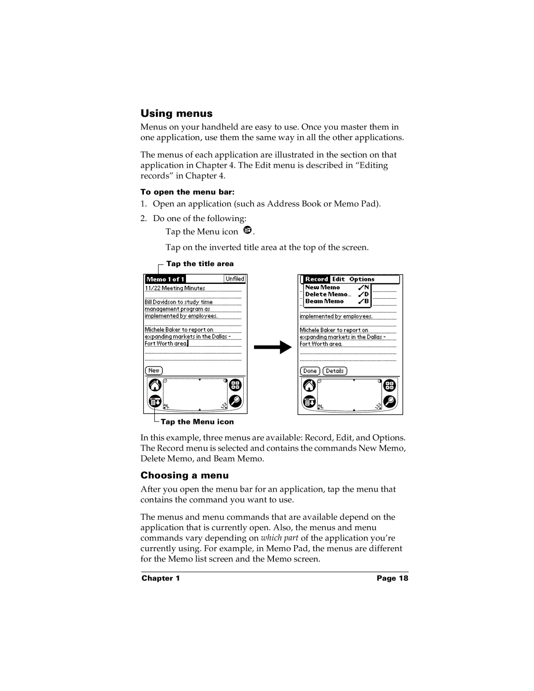 Palm m100 manual Using menus, Choosing a menu 