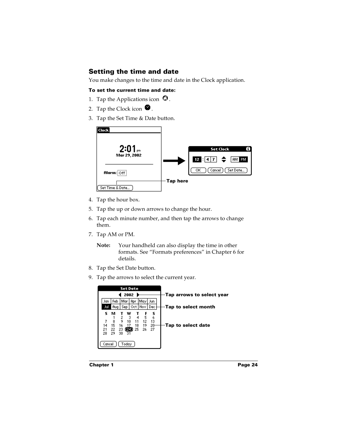 Palm m100 manual Setting the time and date 