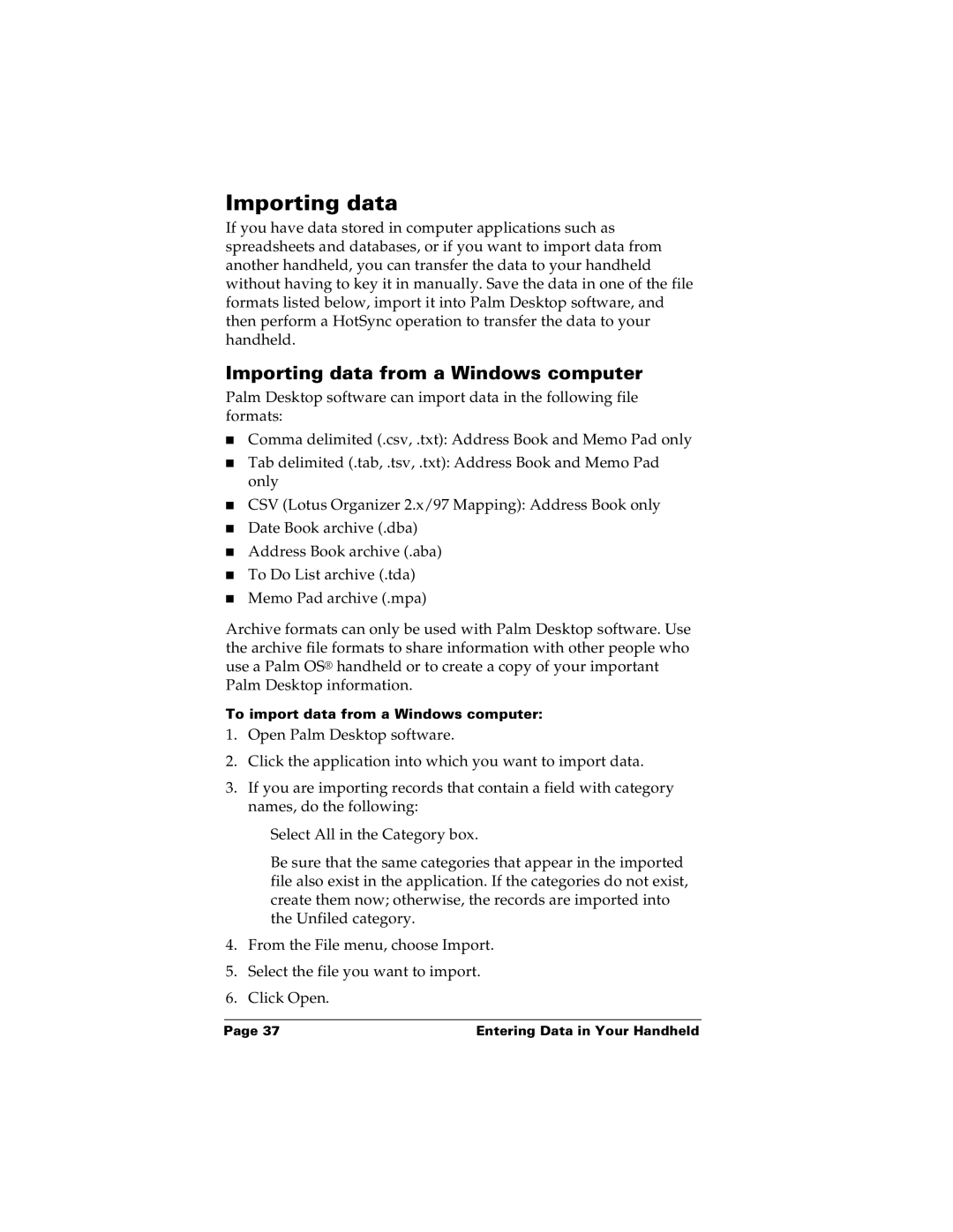 Palm m100 manual Importing data from a Windows computer 