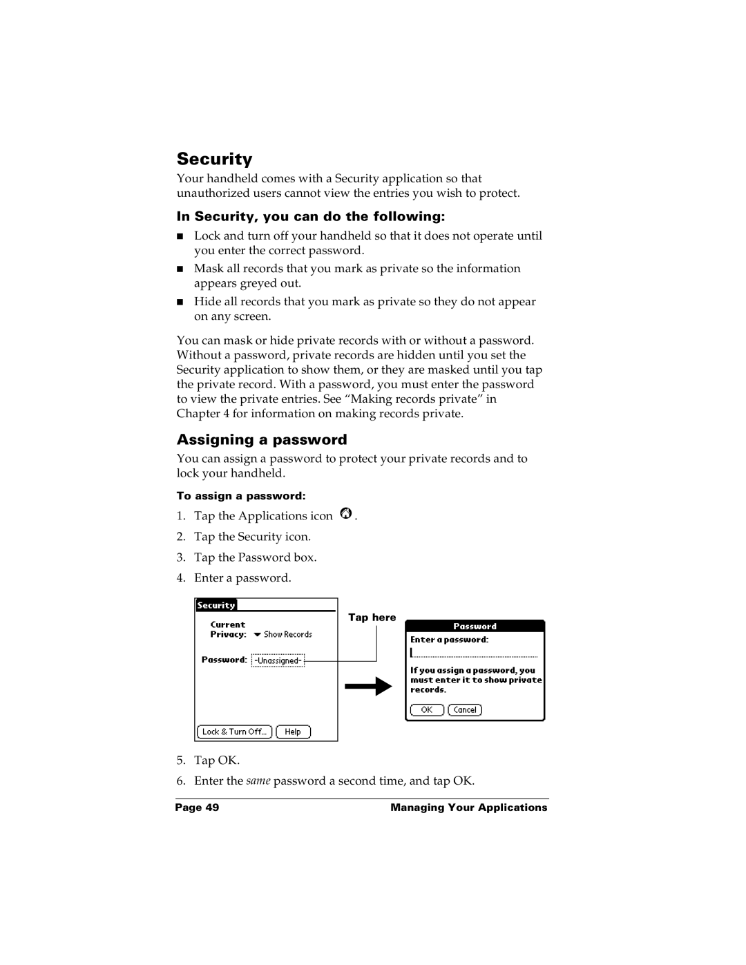 Palm m100 manual Assigning a password, Security, you can do the following 