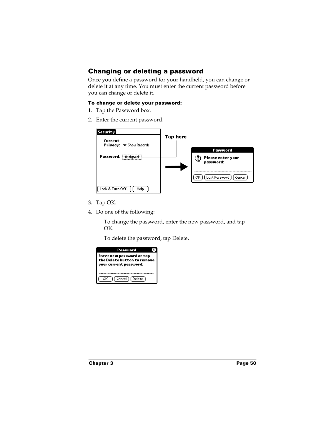 Palm m100 manual Changing or deleting a password 