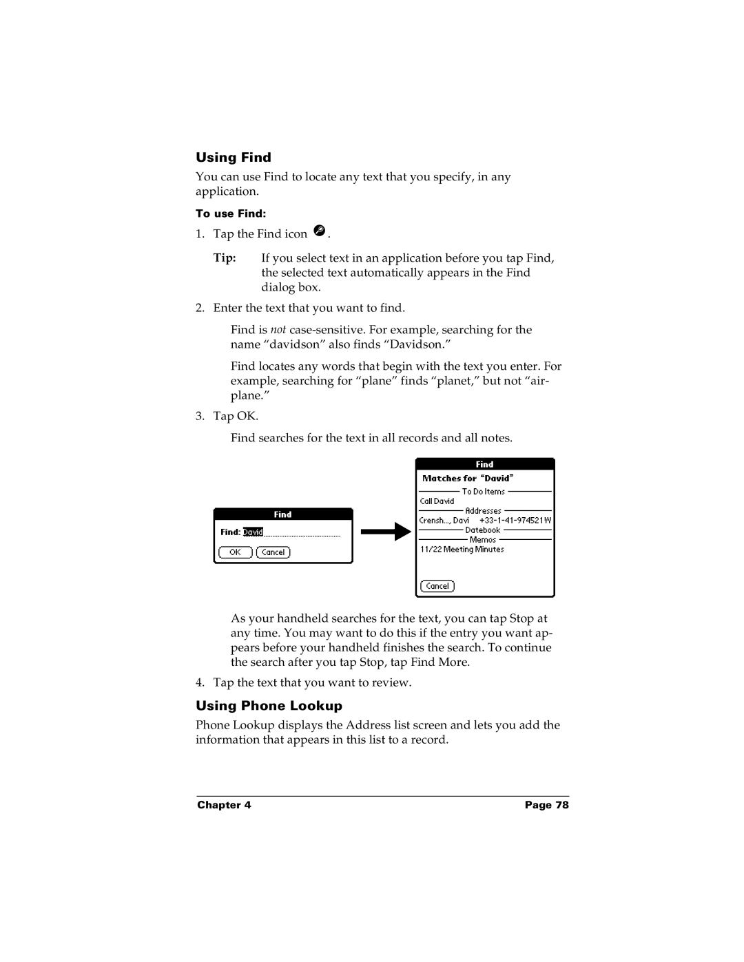 Palm m100 manual Using Find, Using Phone Lookup 