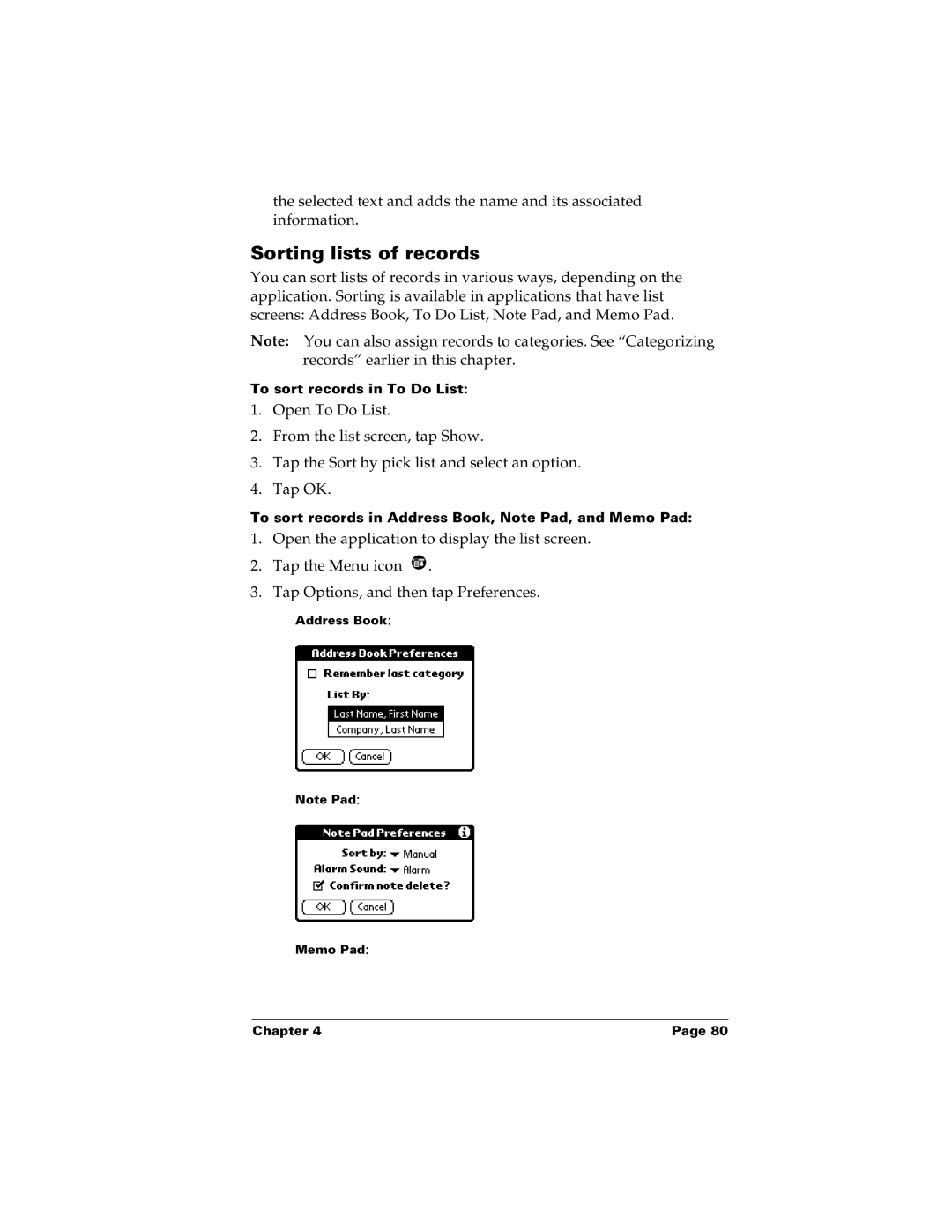 Palm m100 manual Sorting lists of records 