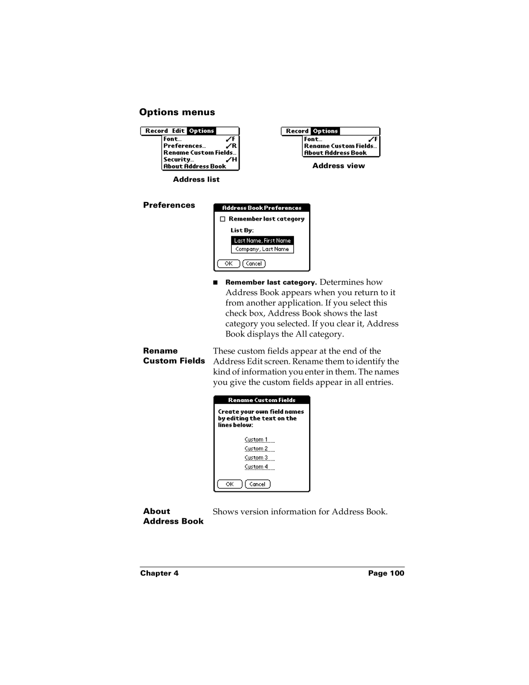 Palm m100 manual Options menus 