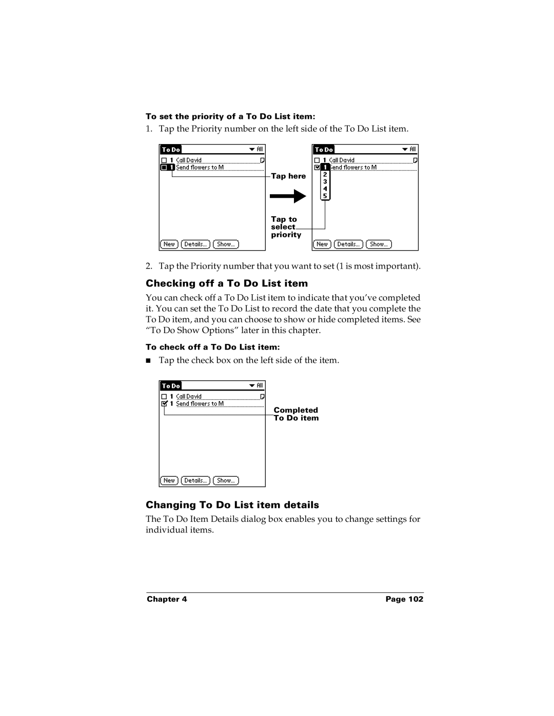 Palm m100 manual Checking off a To Do List item, Changing To Do List item details 