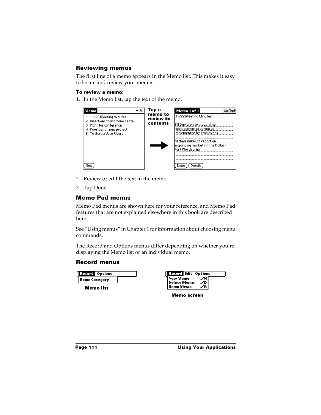 Palm m100 manual Reviewing memos, Memo Pad menus 