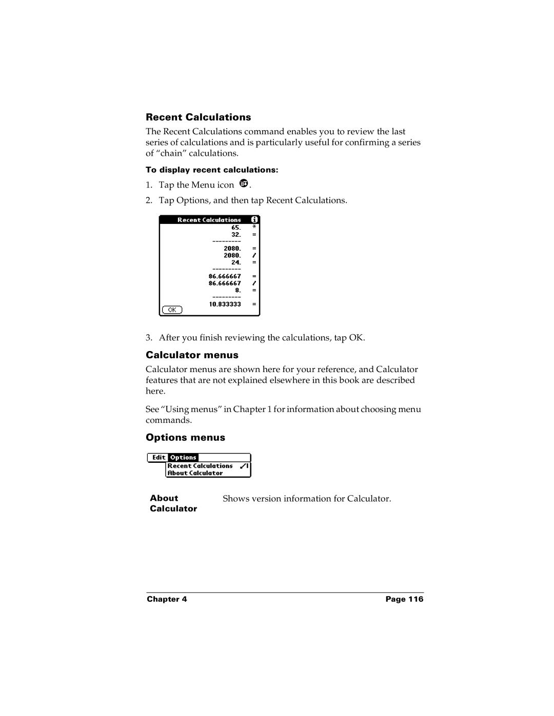 Palm m100 manual Recent Calculations, Calculator menus 