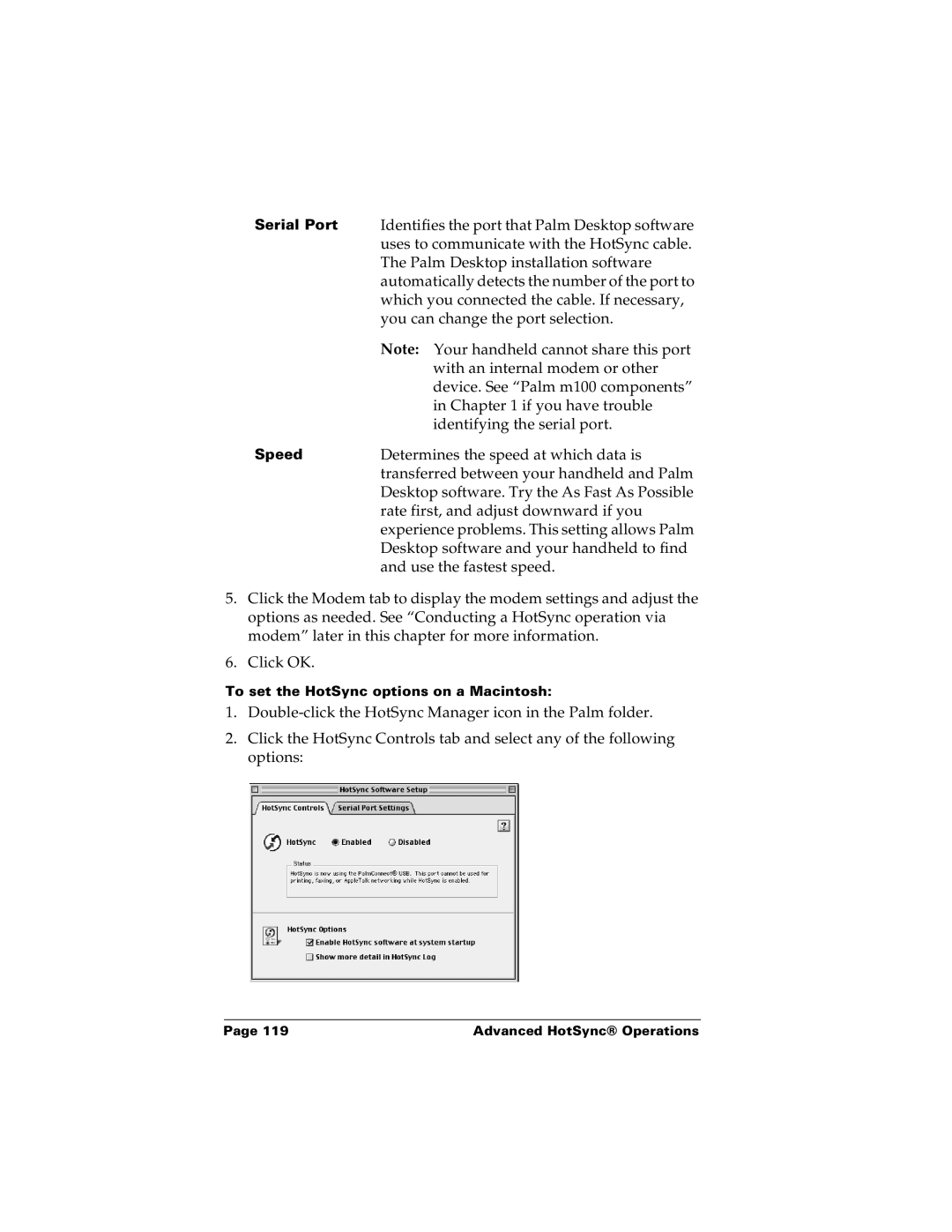 Palm m100 manual Identifies the port that Palm Desktop software 