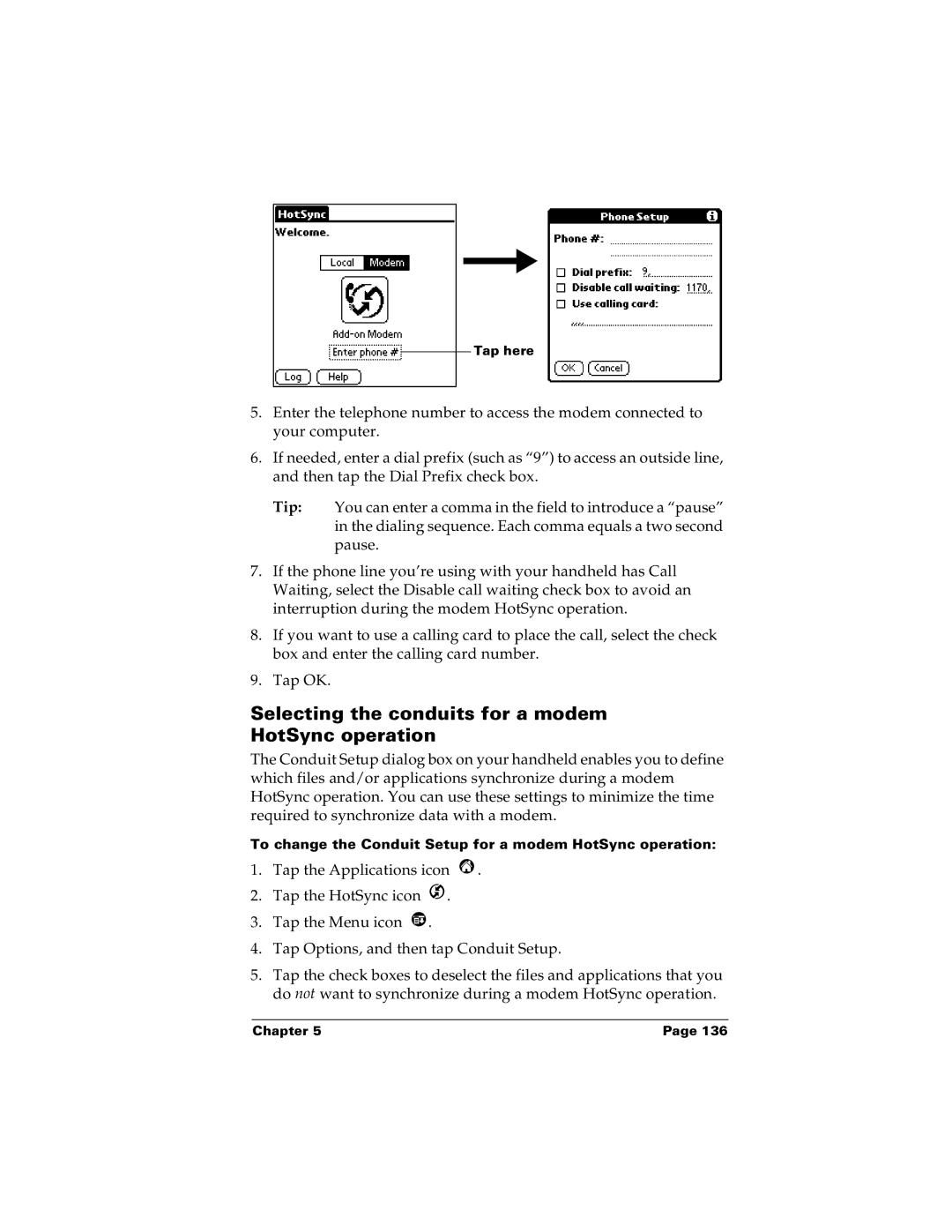 Palm m100 manual Selecting the conduits for a modem HotSync operation 