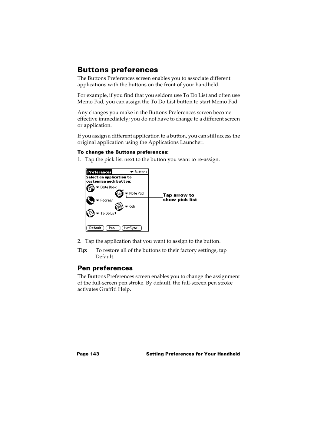 Palm m100 manual Buttons preferences, Pen preferences 