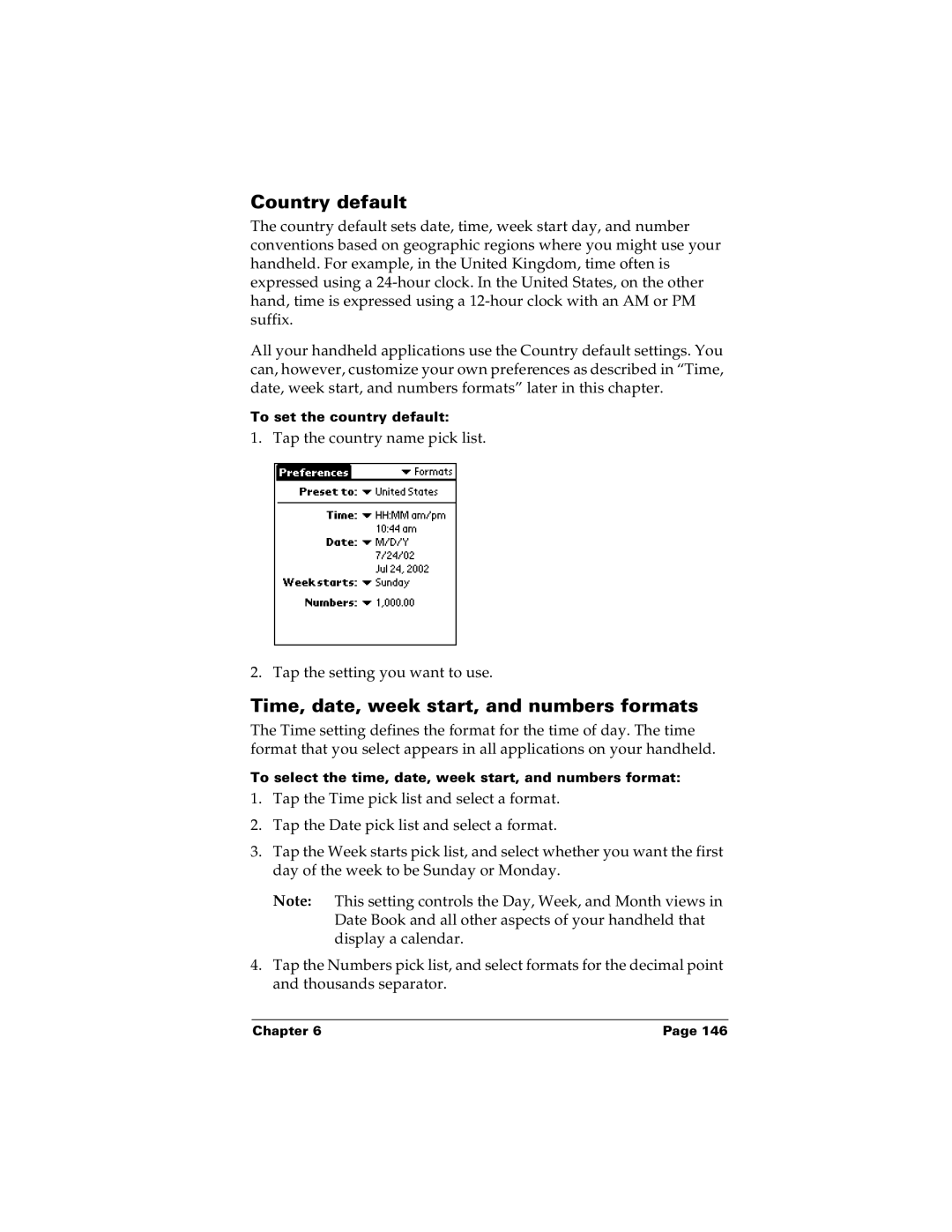 Palm m100 manual Country default, Time, date, week start, and numbers formats 