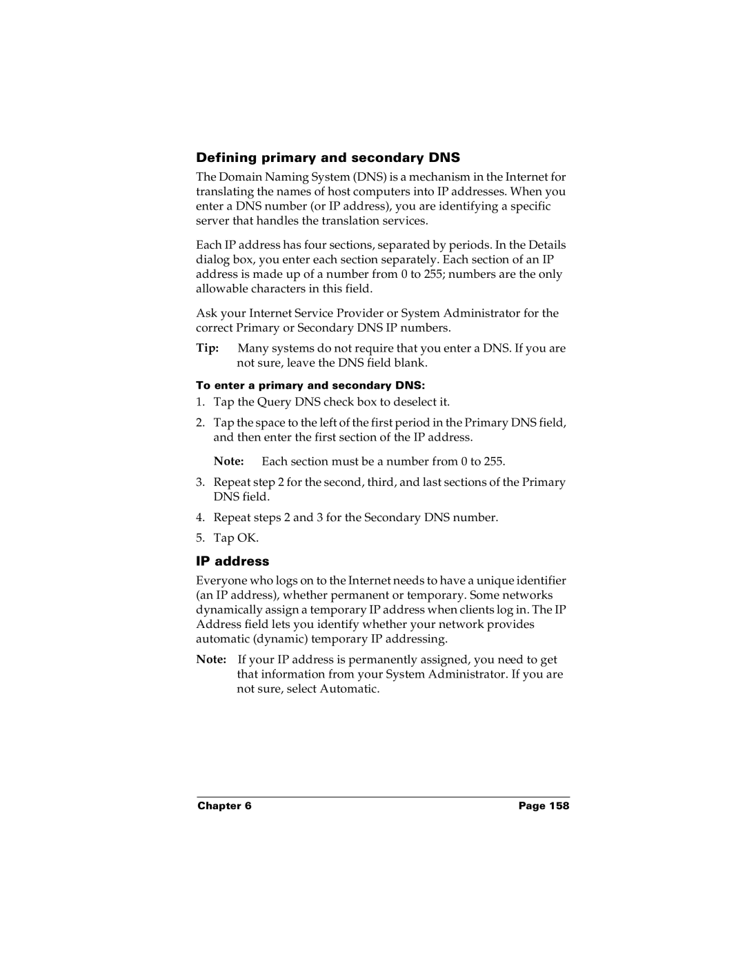 Palm m100 manual Defining primary and secondary DNS, IP address 