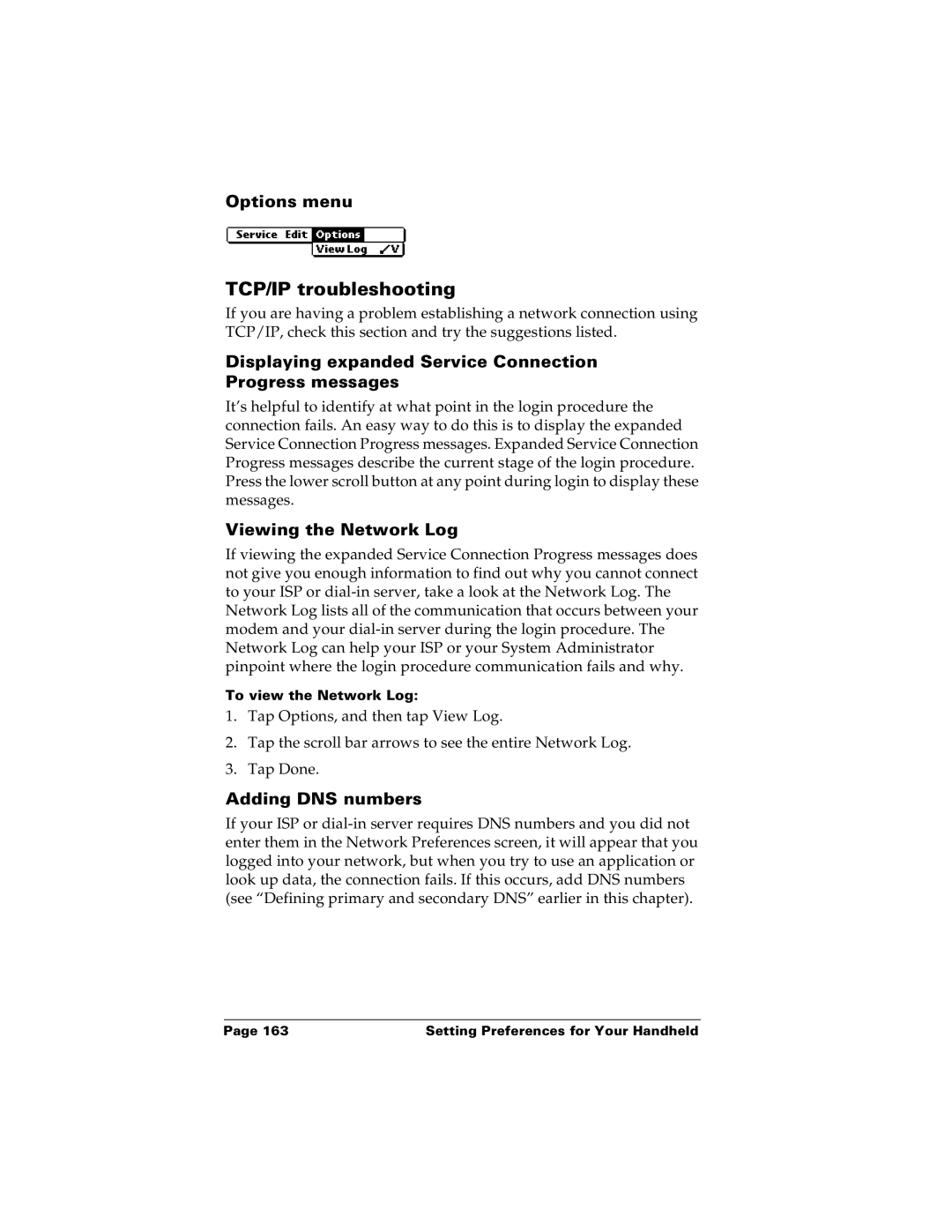 Palm m100 manual TCP/IP troubleshooting, Displaying expanded Service Connection Progress messages, Viewing the Network Log 