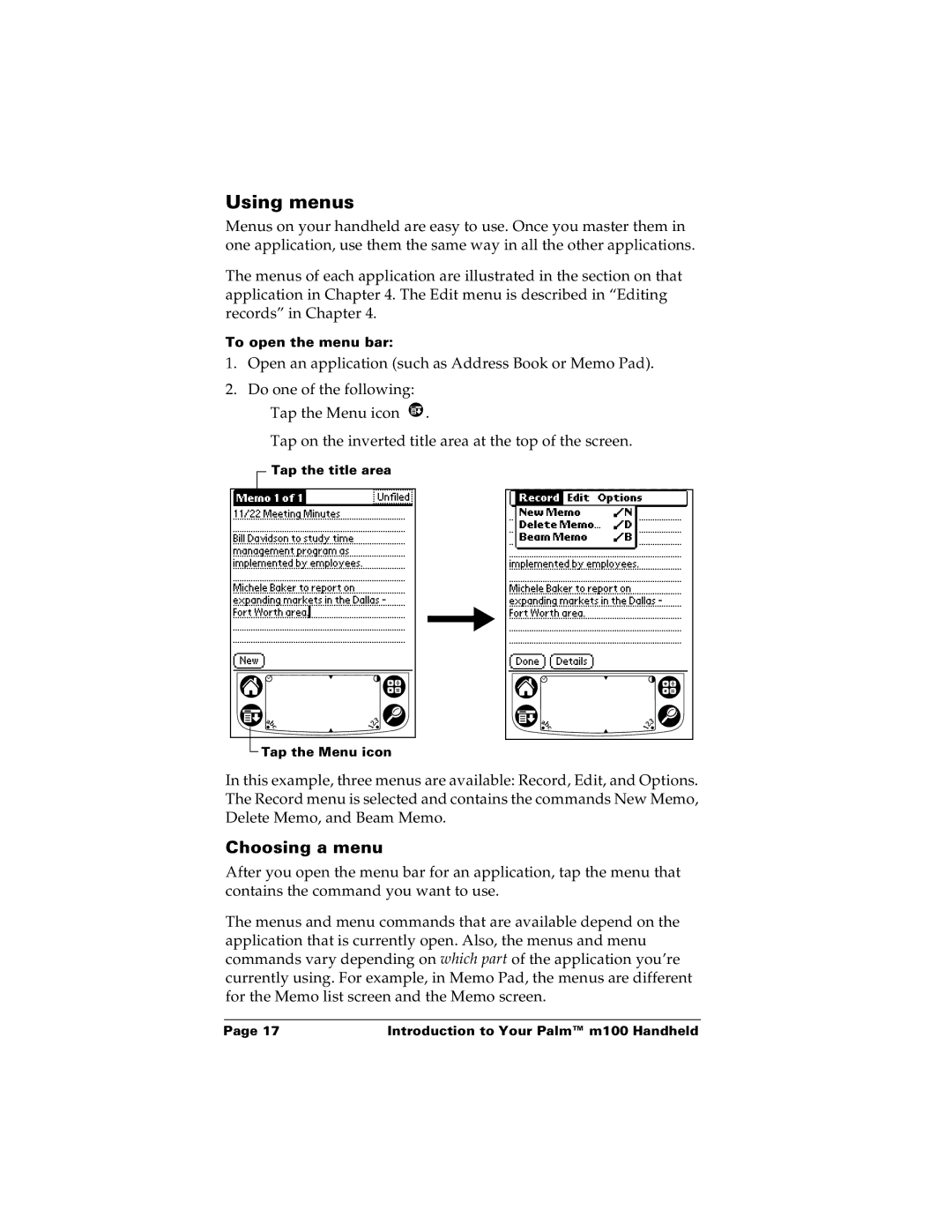 Palm m100 manual Using menus, Choosing a menu 