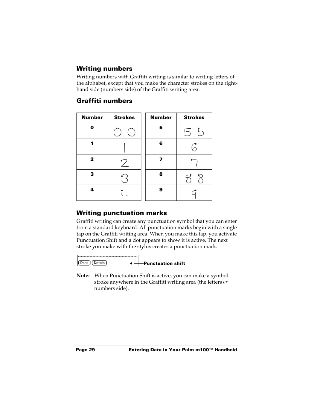 Palm m100 manual Writing numbers, Graffiti numbers, Writing punctuation marks 