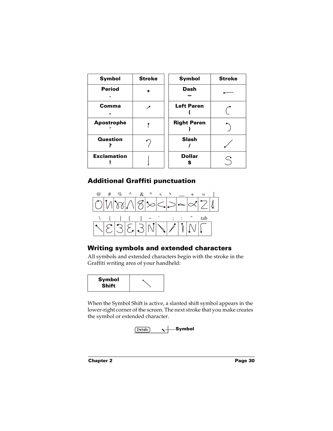 Palm m100 manual Additional Graffiti punctuation, Writing symbols and extended characters 