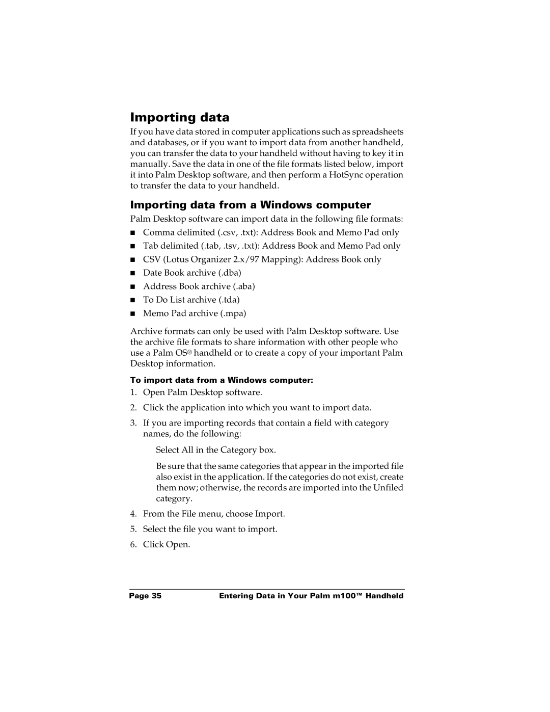 Palm m100 manual Importing data from a Windows computer 
