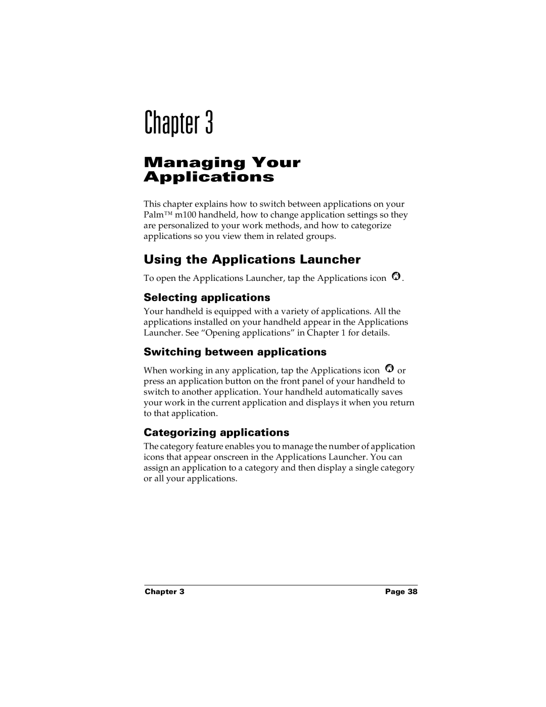 Palm m100 manual Using the Applications Launcher, Selecting applications, Switching between applications 
