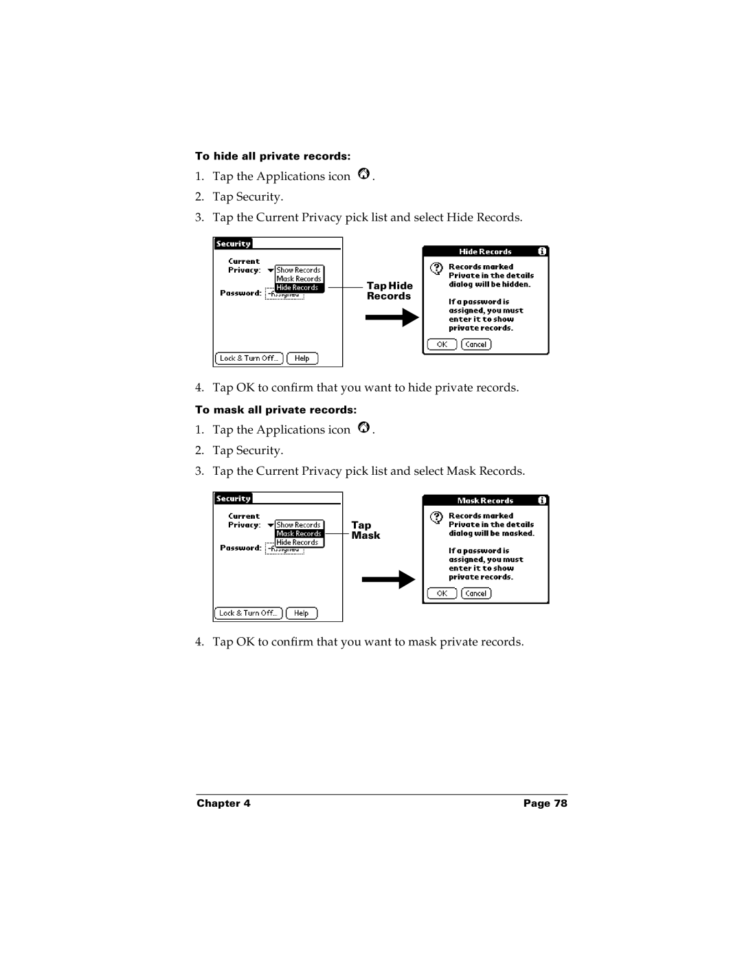 Palm m100 manual Tap OK to confirm that you want to hide private records 