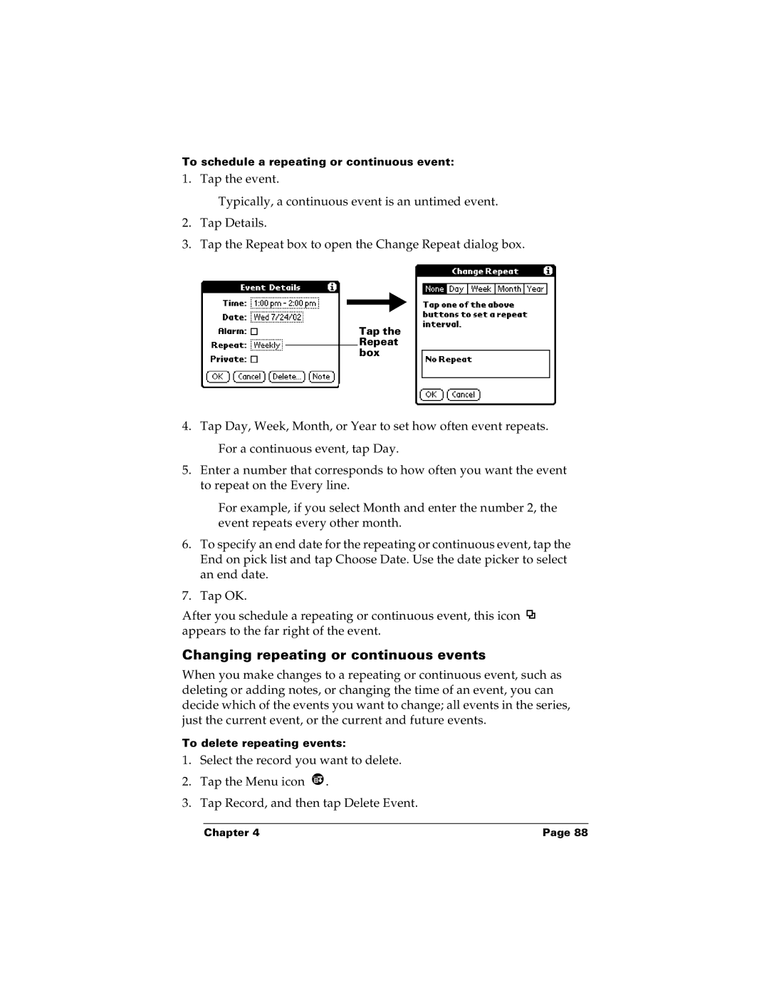 Palm m100 manual Changing repeating or continuous events 