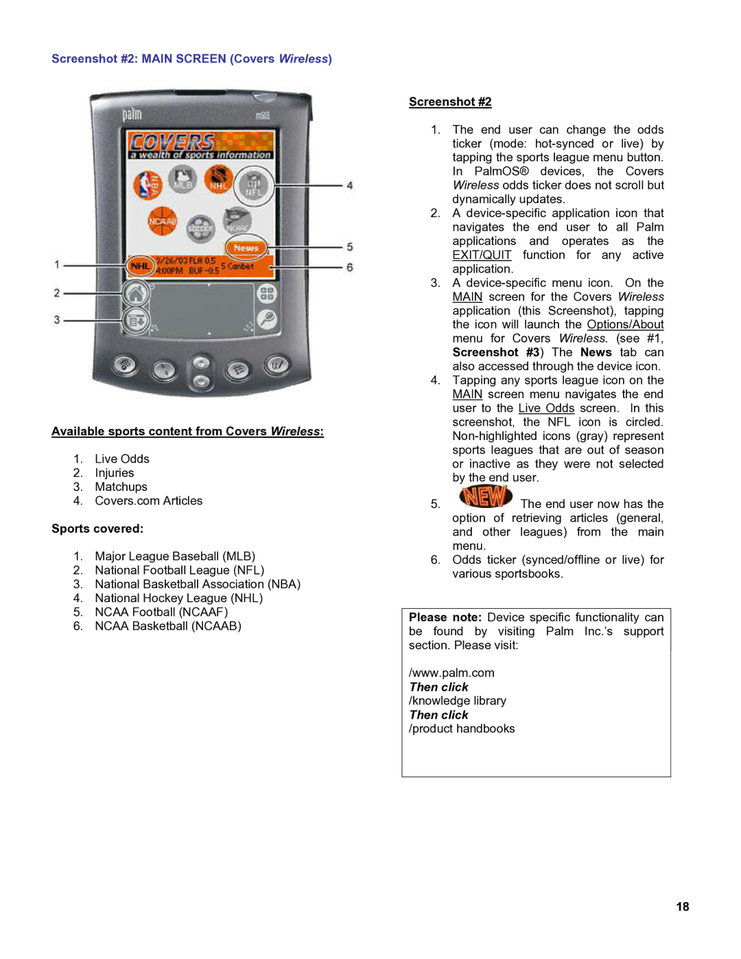 Palm OS Devices Screenshot #2 Main Screen Covers Wireless, Available sports content from Covers Wireless, Sports covered 