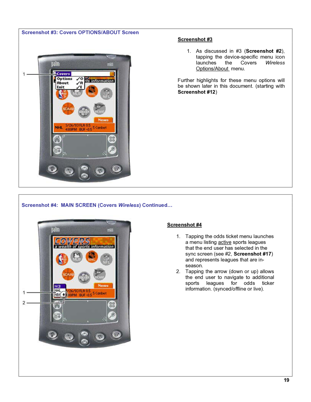 Palm OS Devices manual Screenshot #3 Covers OPTIONS/ABOUT Screen, Screenshot #4 Main Screen Covers Wireless … 