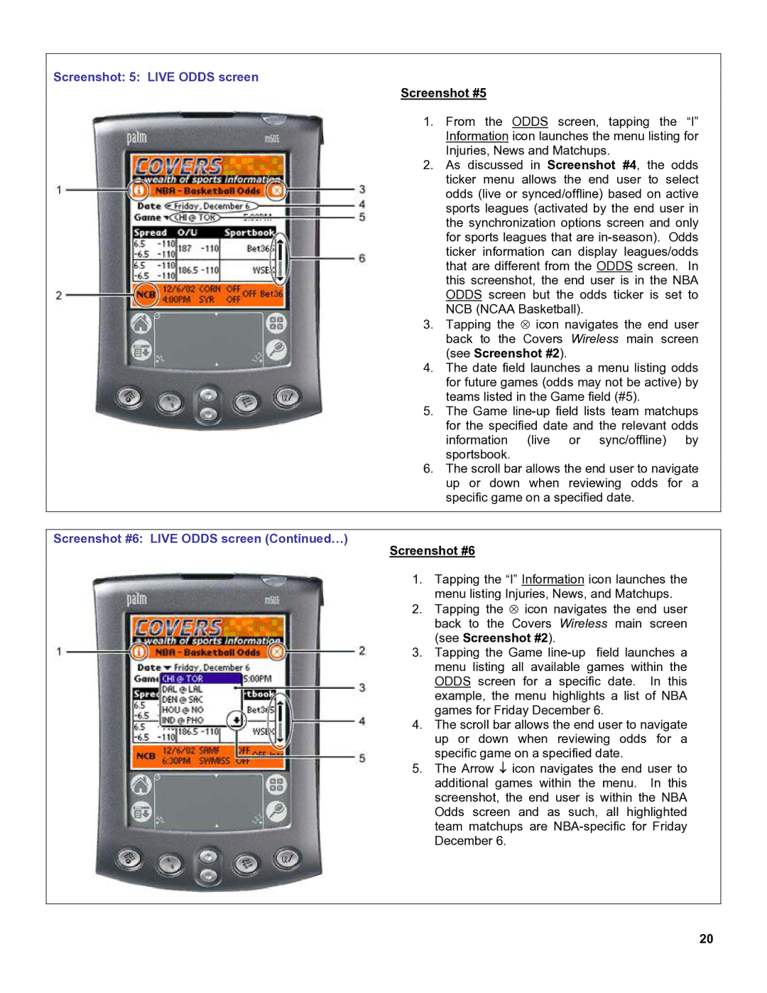 Palm OS Devices manual Screenshot 5 Live Odds screen, Screenshot #5, Screenshot #6 Live Odds screen … 