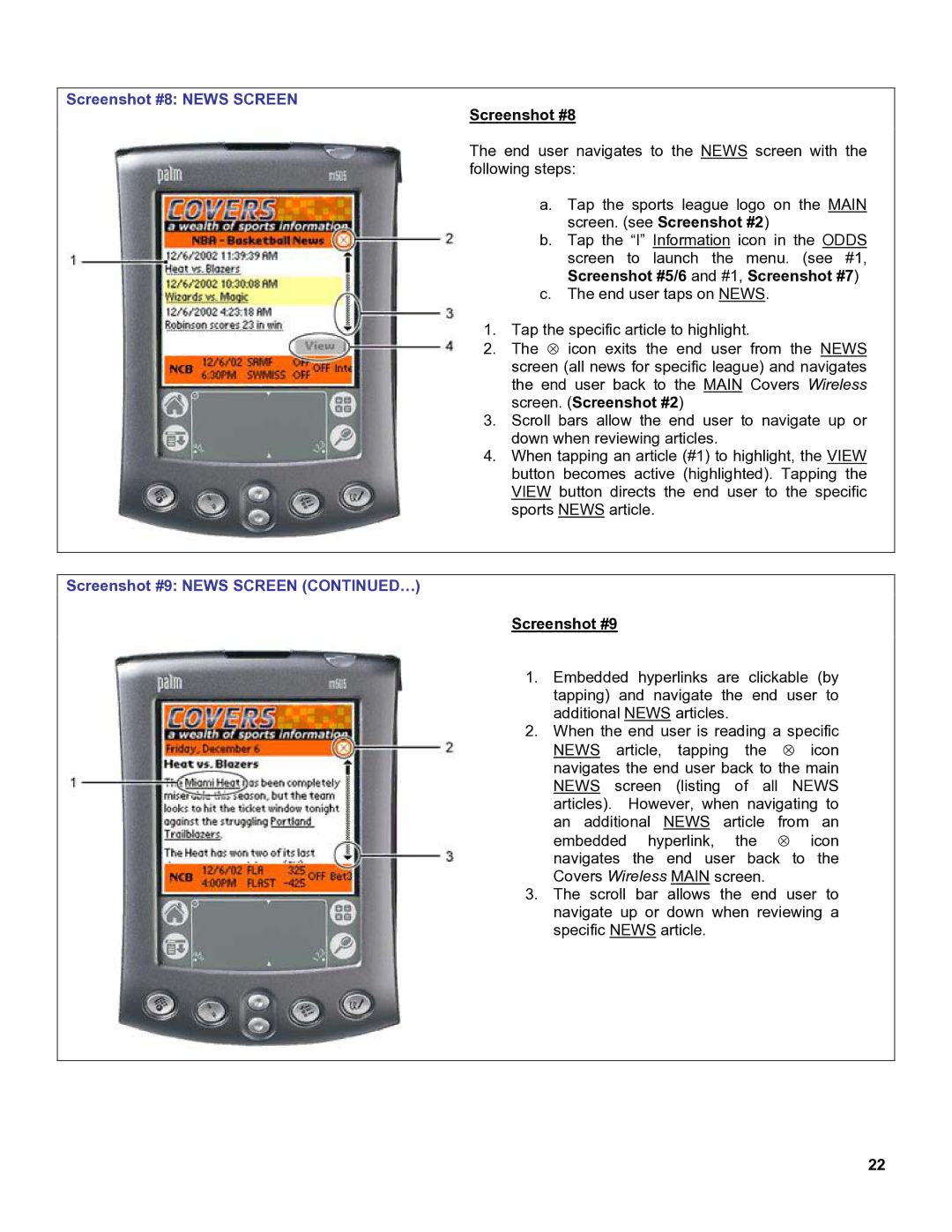 Palm OS Devices manual Screenshot #8 News Screen, Screenshot #9 News Screen … 