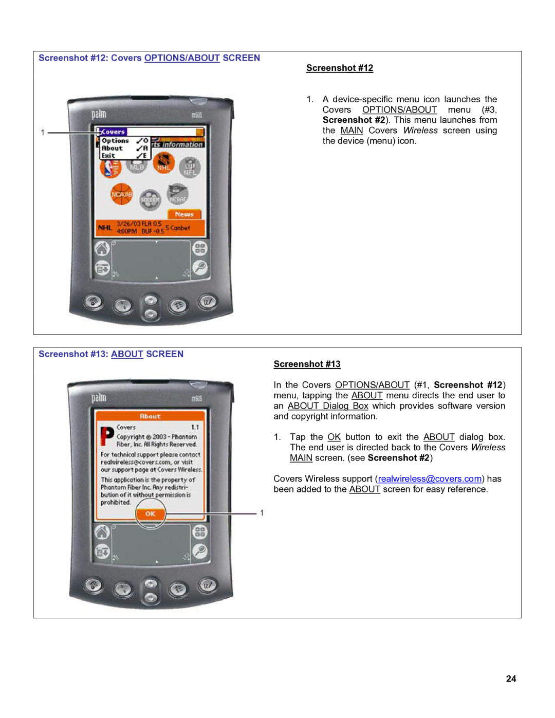 Palm OS Devices manual Screenshot #12 Covers OPTIONS/ABOUT Screen, Screenshot #13 about Screen 