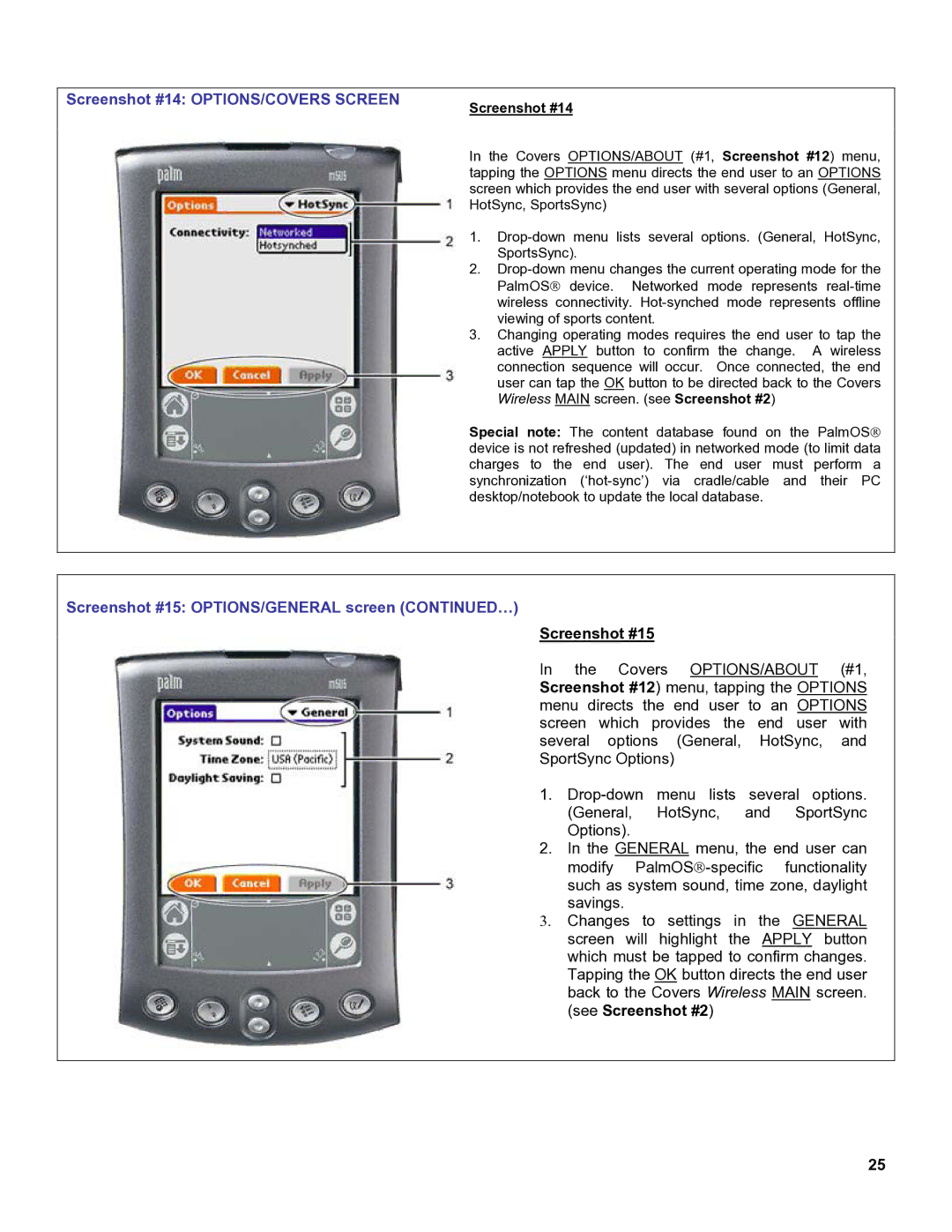 Palm OS Devices manual Screenshot #14 OPTIONS/COVERS Screen, Screenshot #15 OPTIONS/GENERAL screen … 