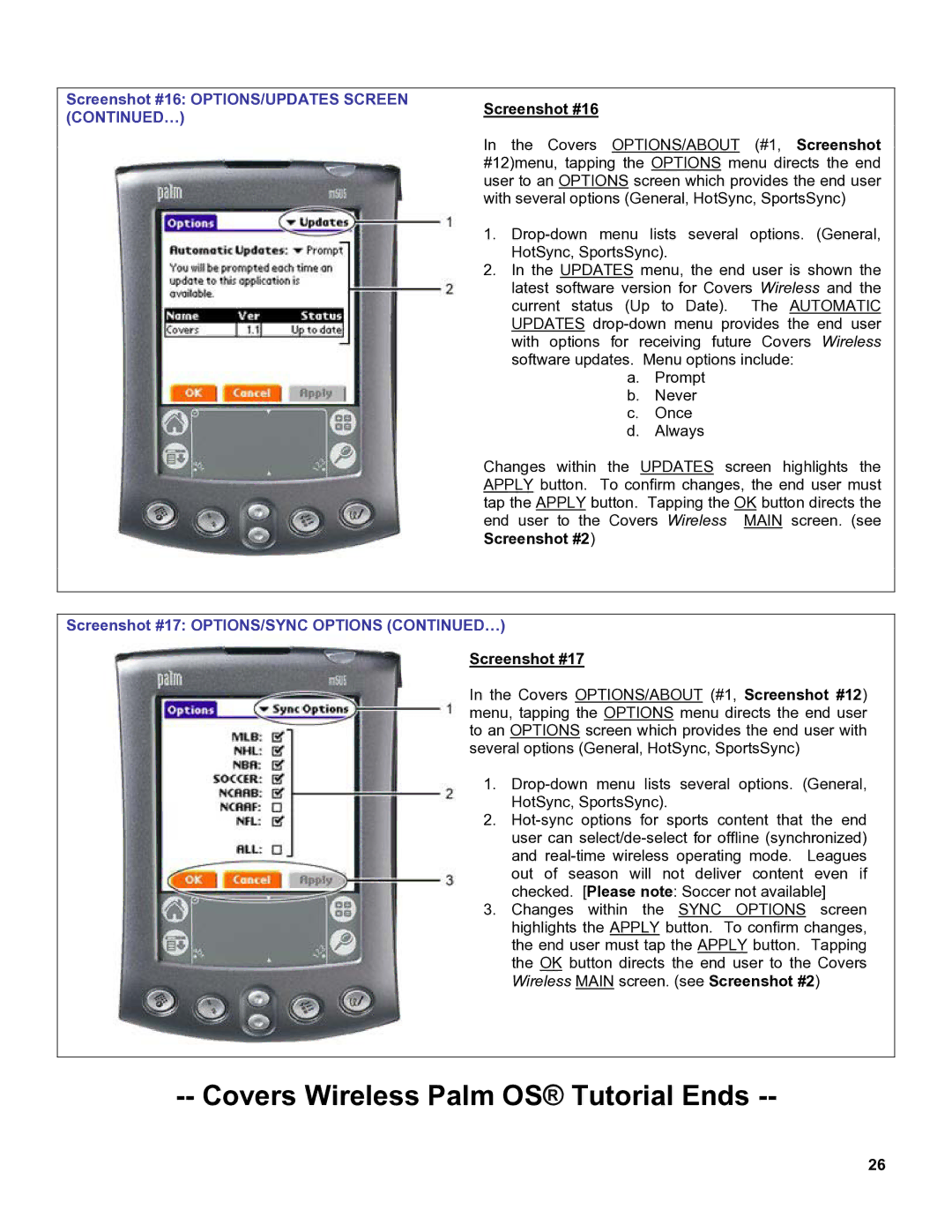 Palm OS Devices manual Screenshot #16 OPTIONS/UPDATES Screen, Screenshot #17 OPTIONS/SYNC Options … 