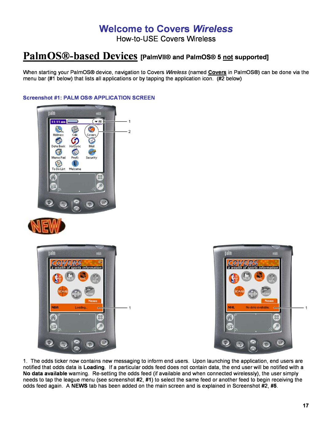 Palm OS Devices manual How-to-USE Covers Wireless, Screenshot #1 PALM OS APPLICATION SCREEN, Welcome to Covers Wireless 