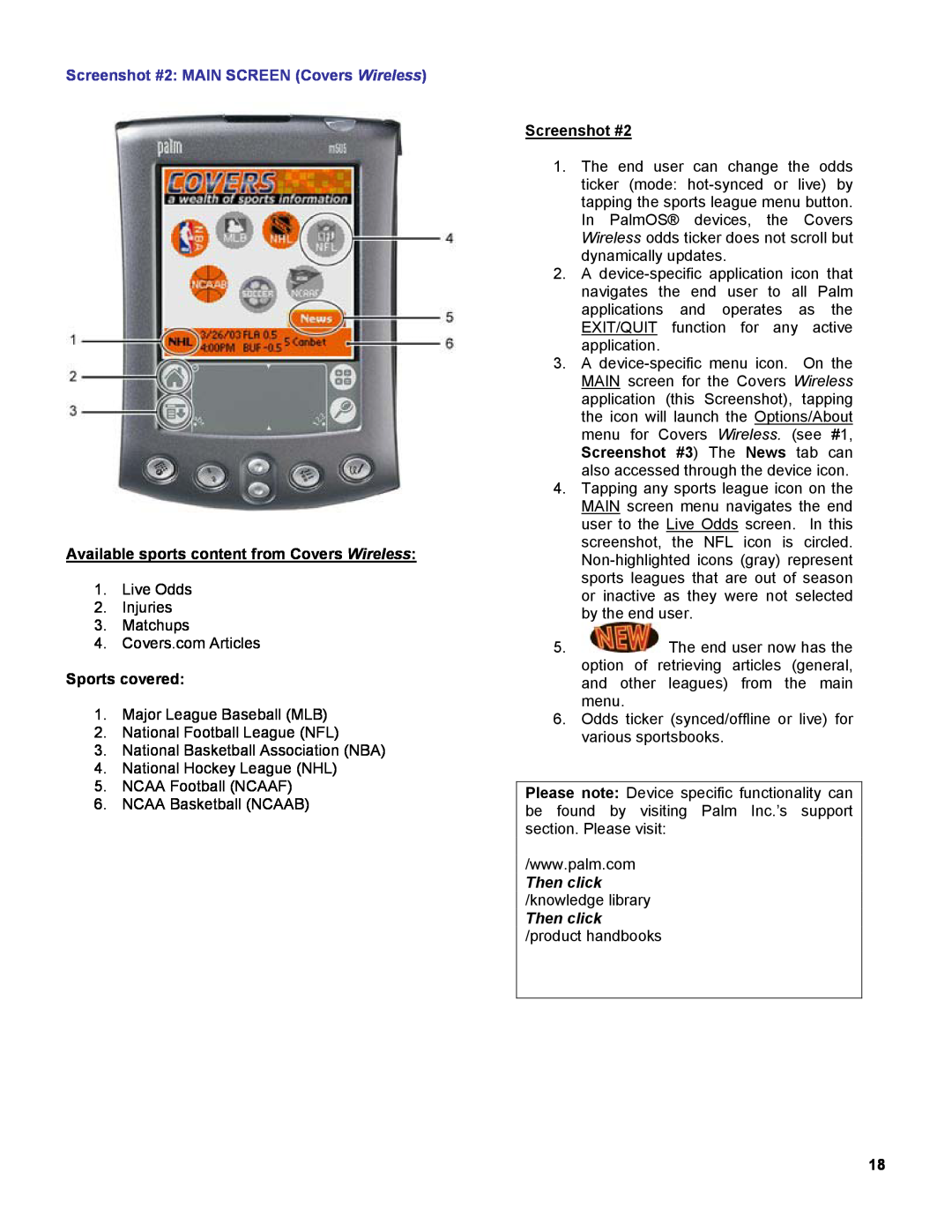 Palm OS Devices Screenshot #2 MAIN SCREEN Covers Wireless, Available sports content from Covers Wireless, Sports covered 