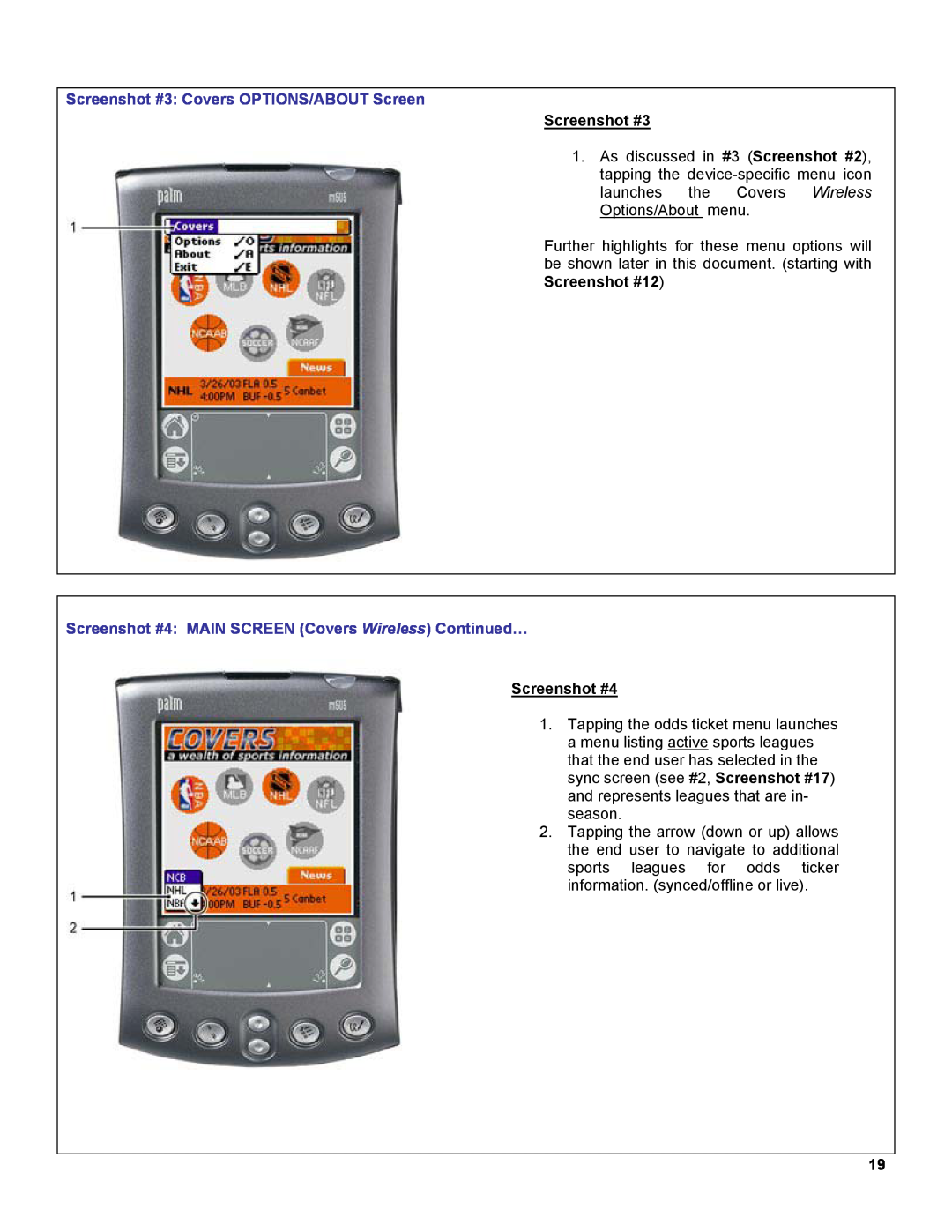 Palm OS Devices manual Screenshot #3 Covers OPTIONS/ABOUT Screen, Screenshot #4 MAIN SCREEN Covers Wireless Continued… 