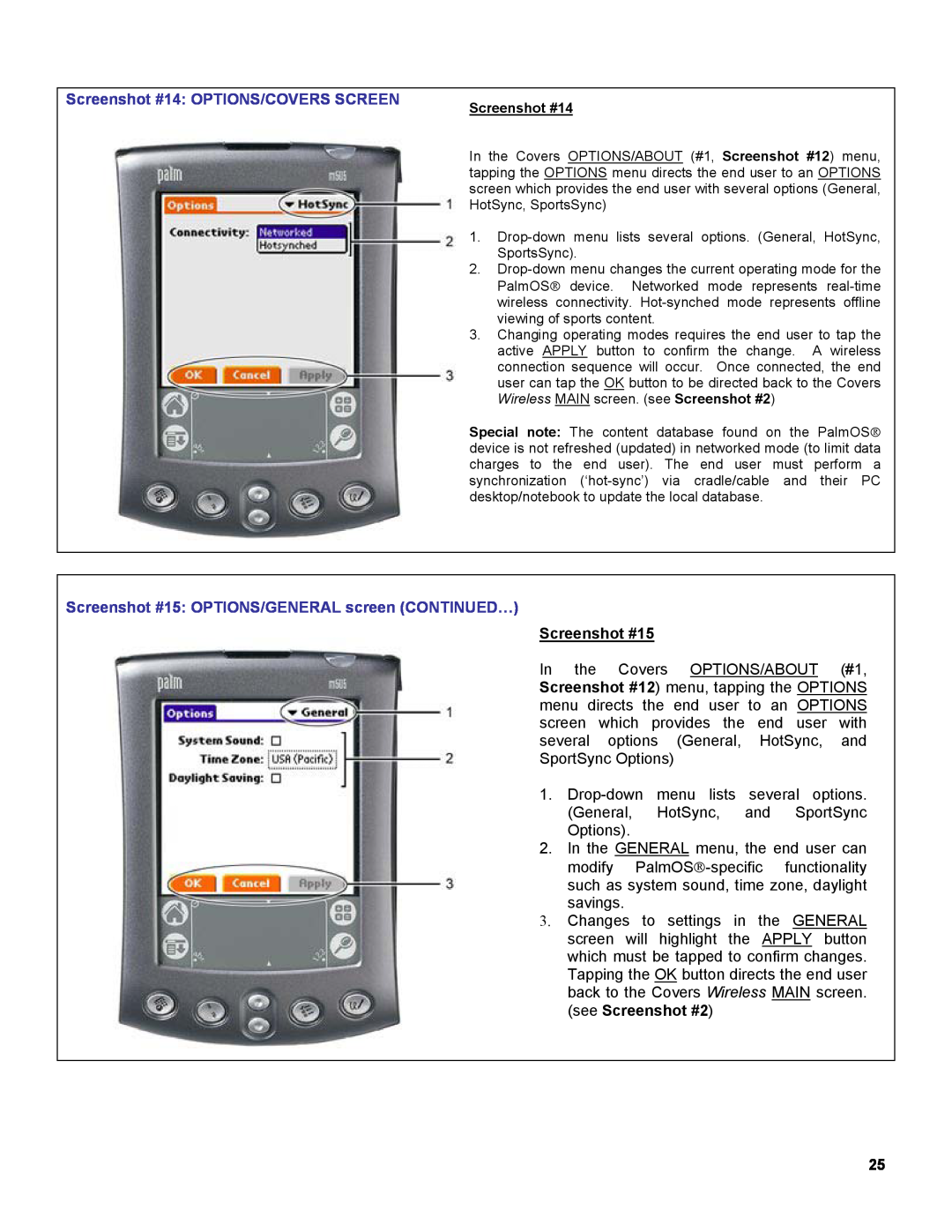 Palm OS Devices manual Screenshot #14 OPTIONS/COVERS SCREEN, Screenshot #15 OPTIONS/GENERAL screen CONTINUED… 