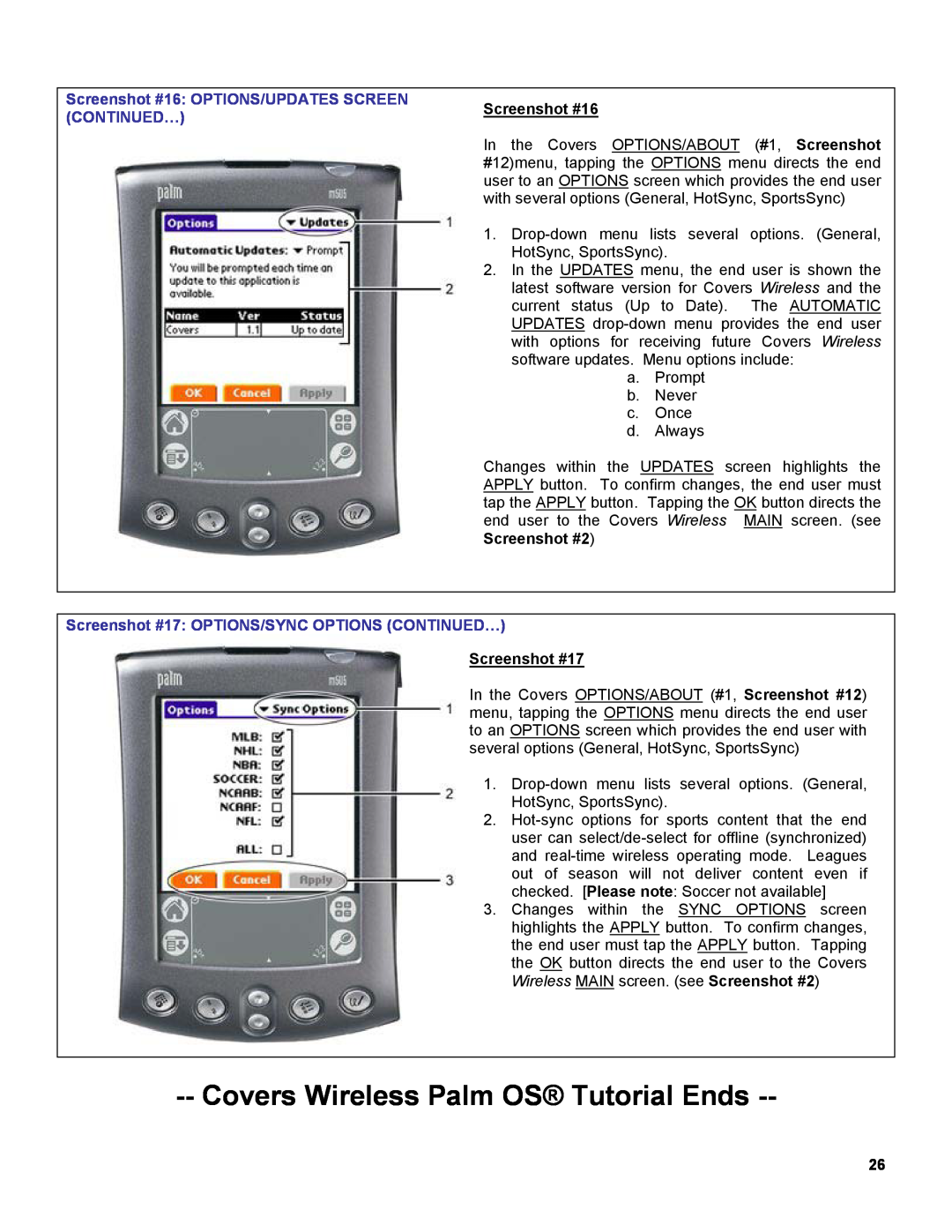 Palm OS Devices Covers Wireless Palm OS Tutorial Ends, Screenshot #16 OPTIONS/UPDATES SCREEN, Continued…, Screenshot #17 