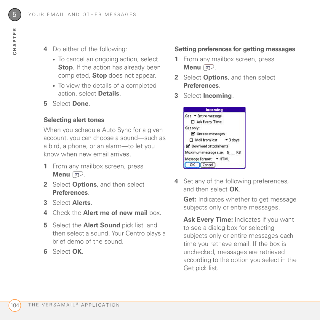 Palm PDA CentroTM Smart Device manual Do either of the following, Selecting alert tones, Check the Alert me of new mail box 