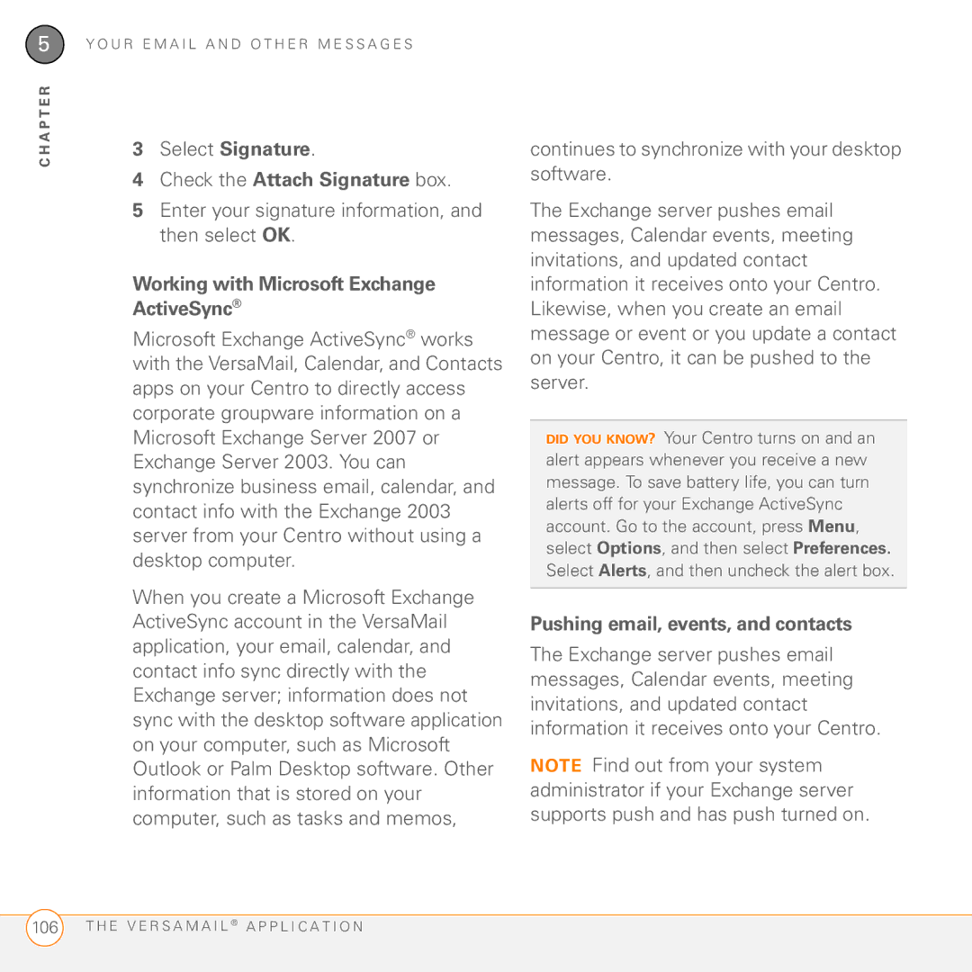 Palm PDA CentroTM Smart Device Select Signature Check the Attach Signature box, Working with Microsoft Exchange ActiveSync 