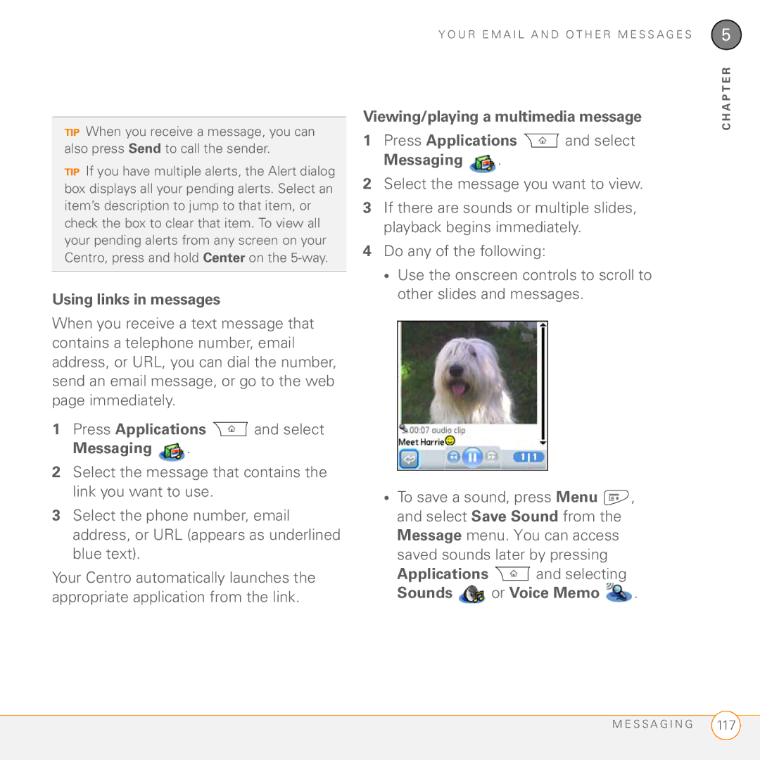 Palm PDA CentroTM Smart Device manual Using links in messages, Applications and selecting, Sounds or Voice Memo 
