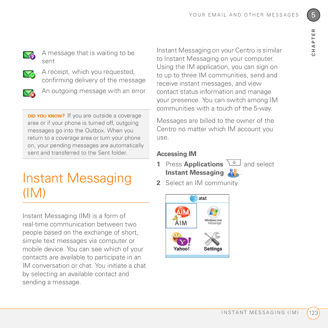 Palm PDA CentroTM Smart Device manual Instant Messaging IM, Accessing IM 