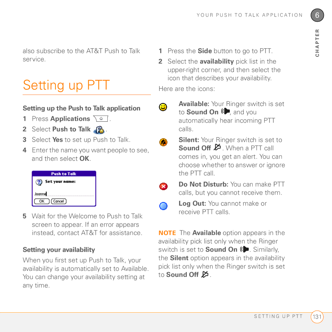 Palm PDA CentroTM Smart Device Setting up PTT, Also subscribe to the AT&T Push to Talk service, Setting your availability 