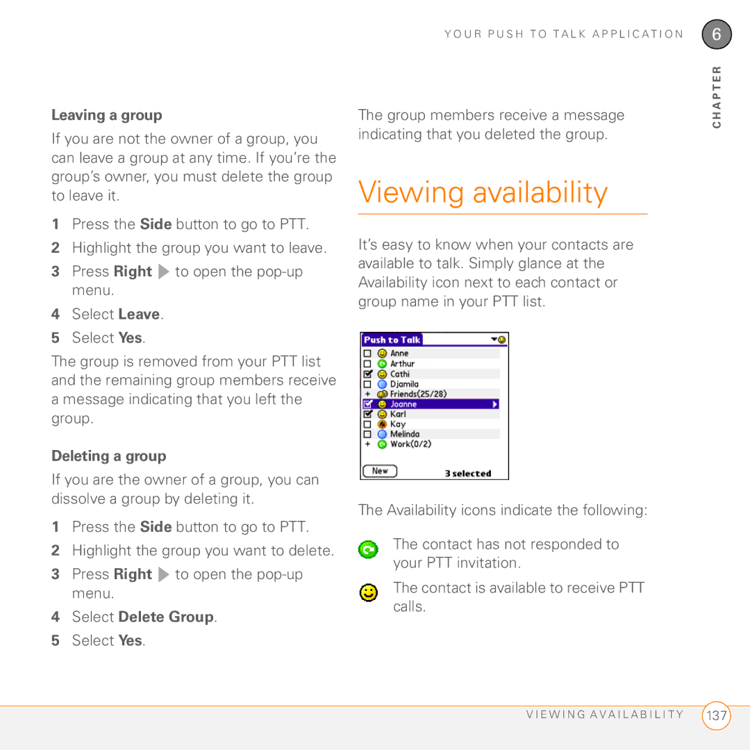 Palm PDA CentroTM Smart Device manual Viewing availability, Leaving a group, Deleting a group, Select Delete Group 