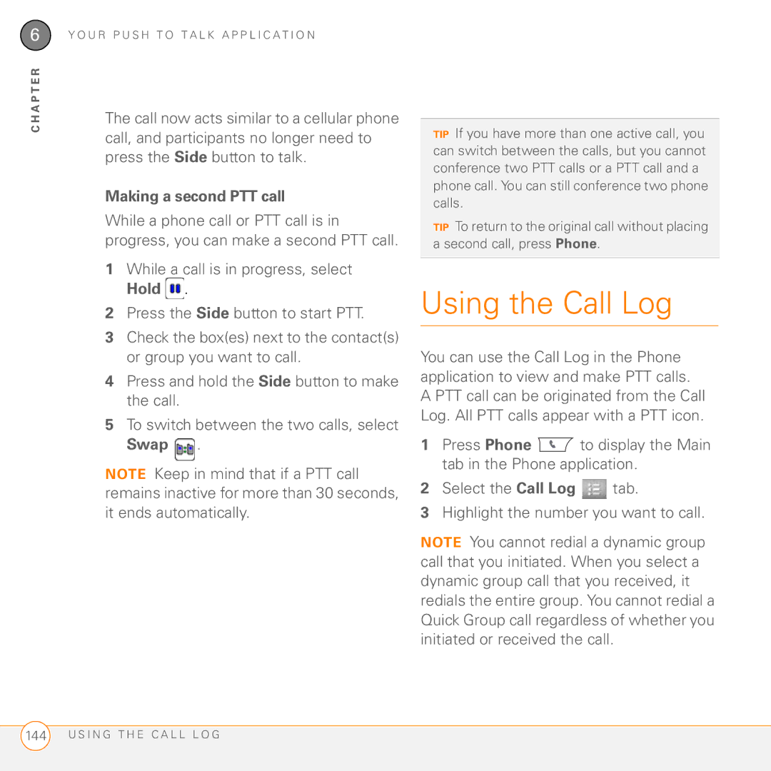 Palm PDA CentroTM Smart Device manual Using the Call Log, Making a second PTT call 