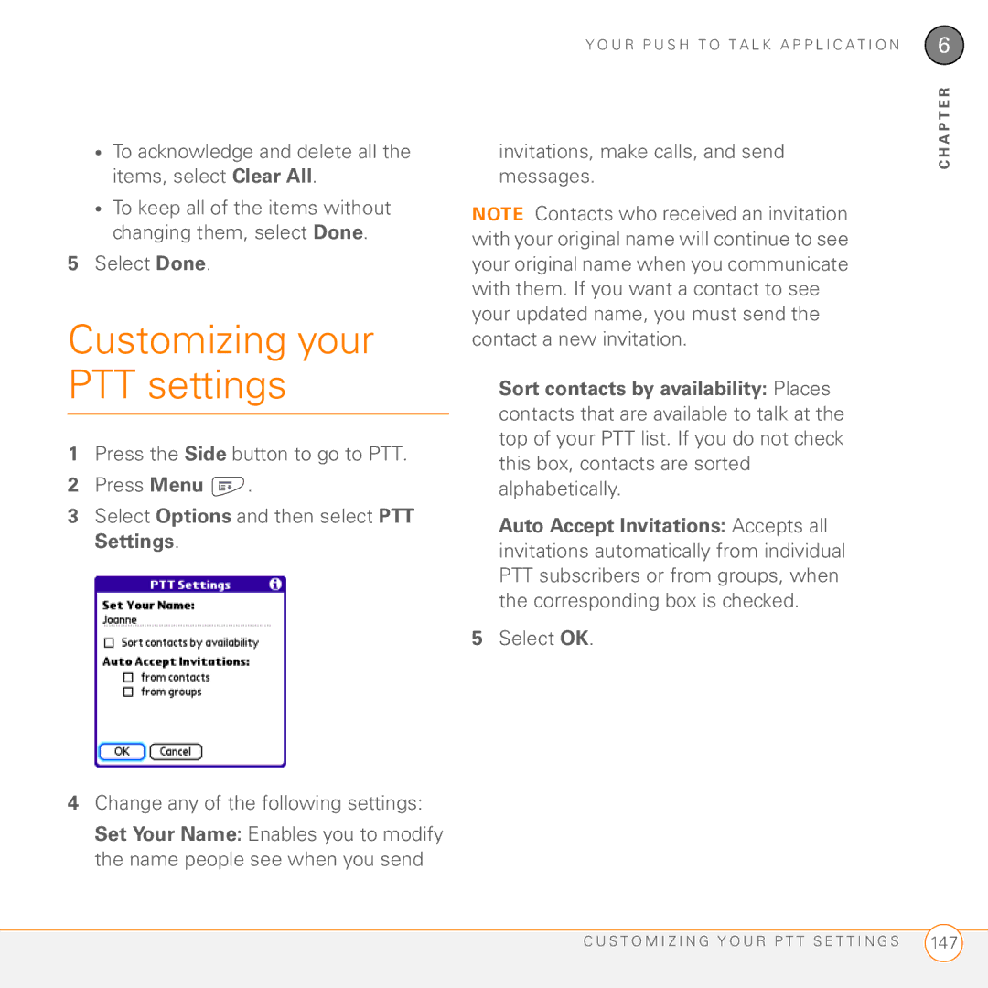 Palm PDA CentroTM Smart Device manual Customizing your PTT settings, Invitations, make calls, and send messages 