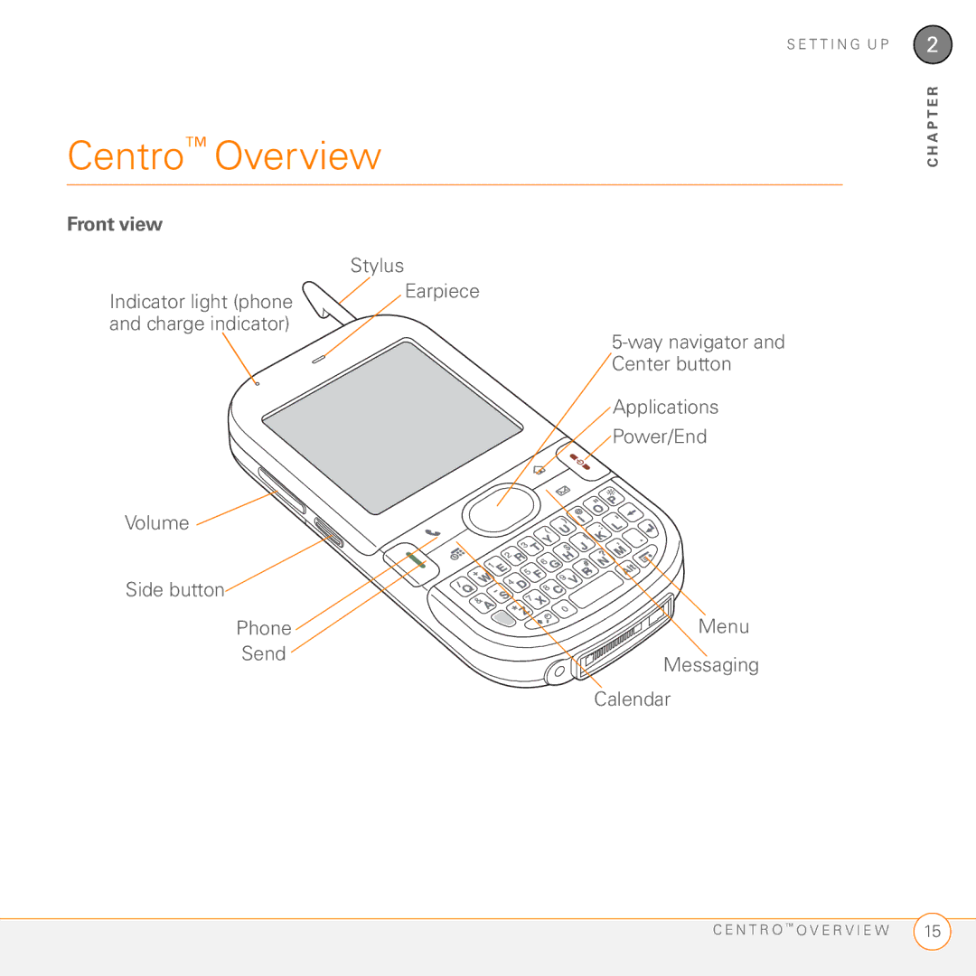 Palm PDA CentroTM Smart Device manual Centro Overview, Front view, Stylus, Indicator light phone 