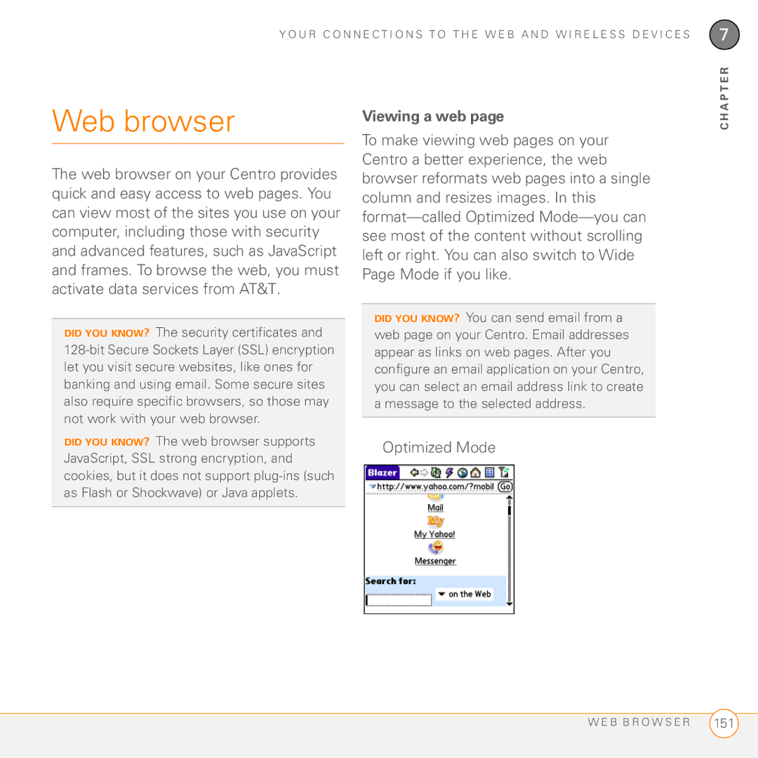 Palm PDA CentroTM Smart Device manual Web browser, Viewing a web, Optimized Mode 